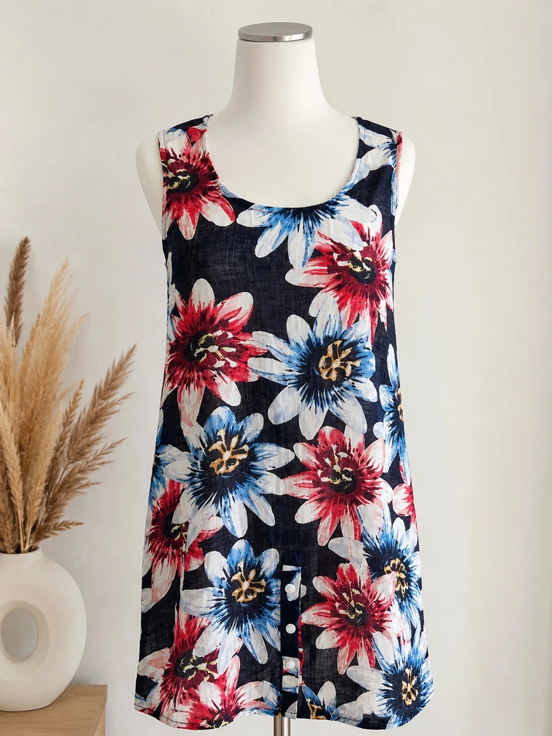 tunique blouse Molly Bracken fleurie sans manches – Taille M – Bleu marine multicolore